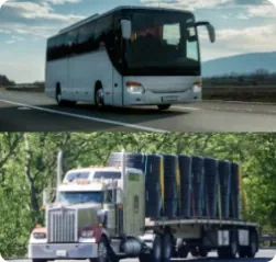 Bus y camión de transporte en carretera
